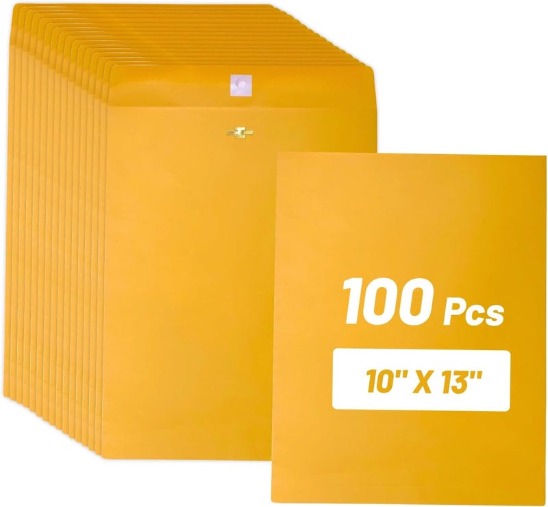Creebe Manila Clasp Envelopes 10x13 100 Pcs, Large Brown Yellow 10 x 13 Envelopes with Clasp and Gummed Seal for Mailing, 100 GSM Kraft Paper - Image 1